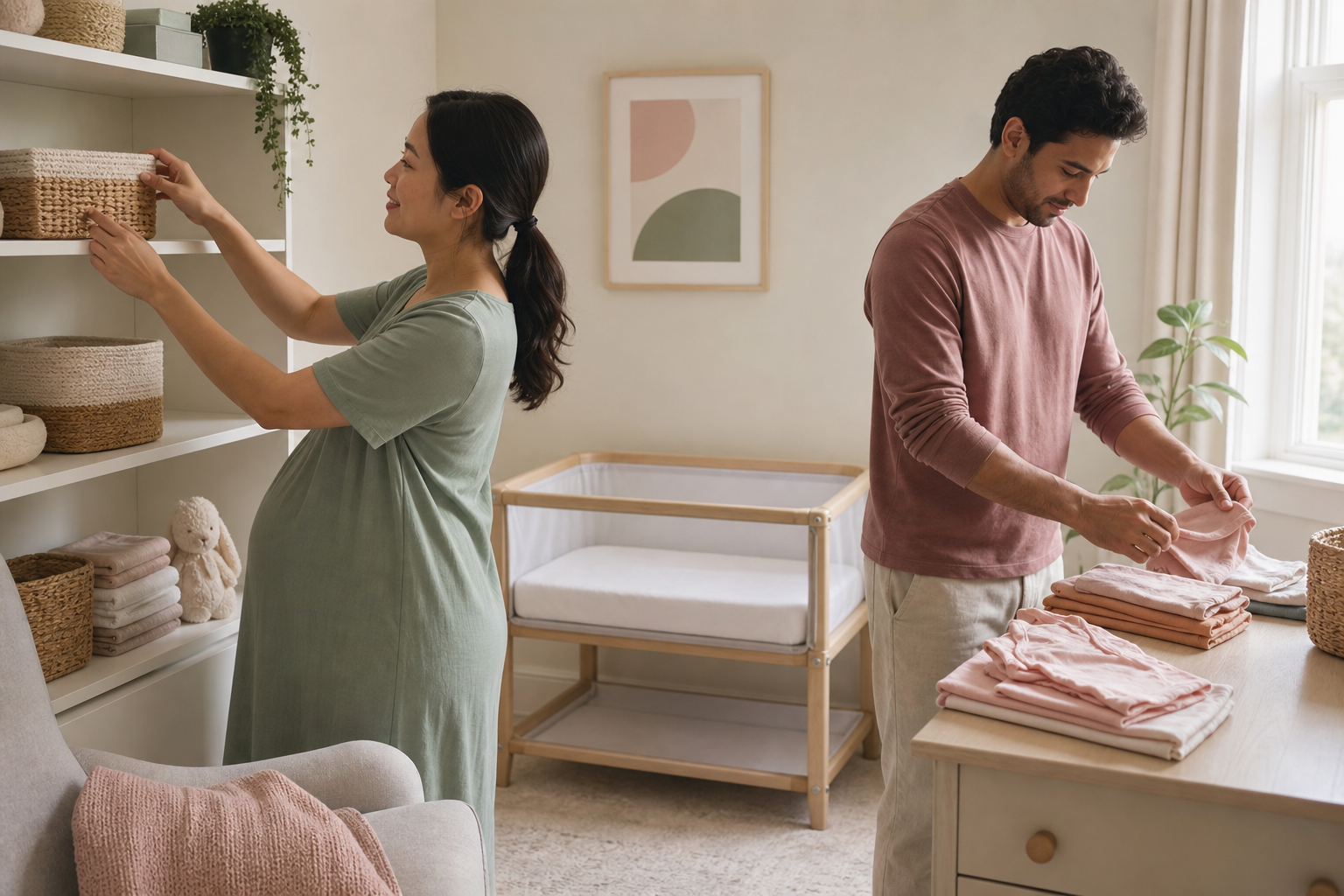 Familia preparando un espacio práctico para la llegada del bebé